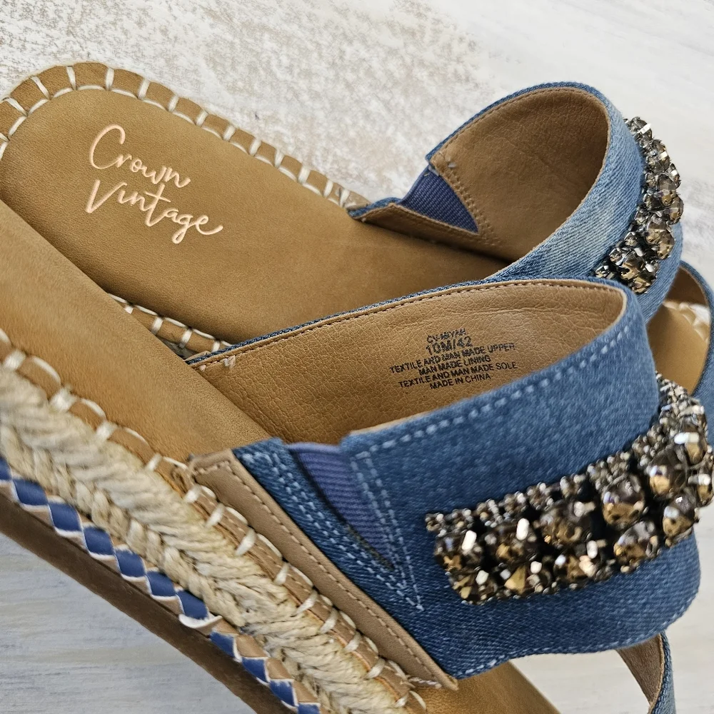Nwob Crown Vintage Blue Denim Sandal Slides with Rhinestone Accent